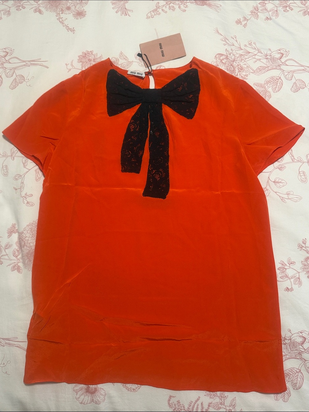 Vintage Miu Miu Red/Orange Short-Sleeve Top with Black Lace Bow